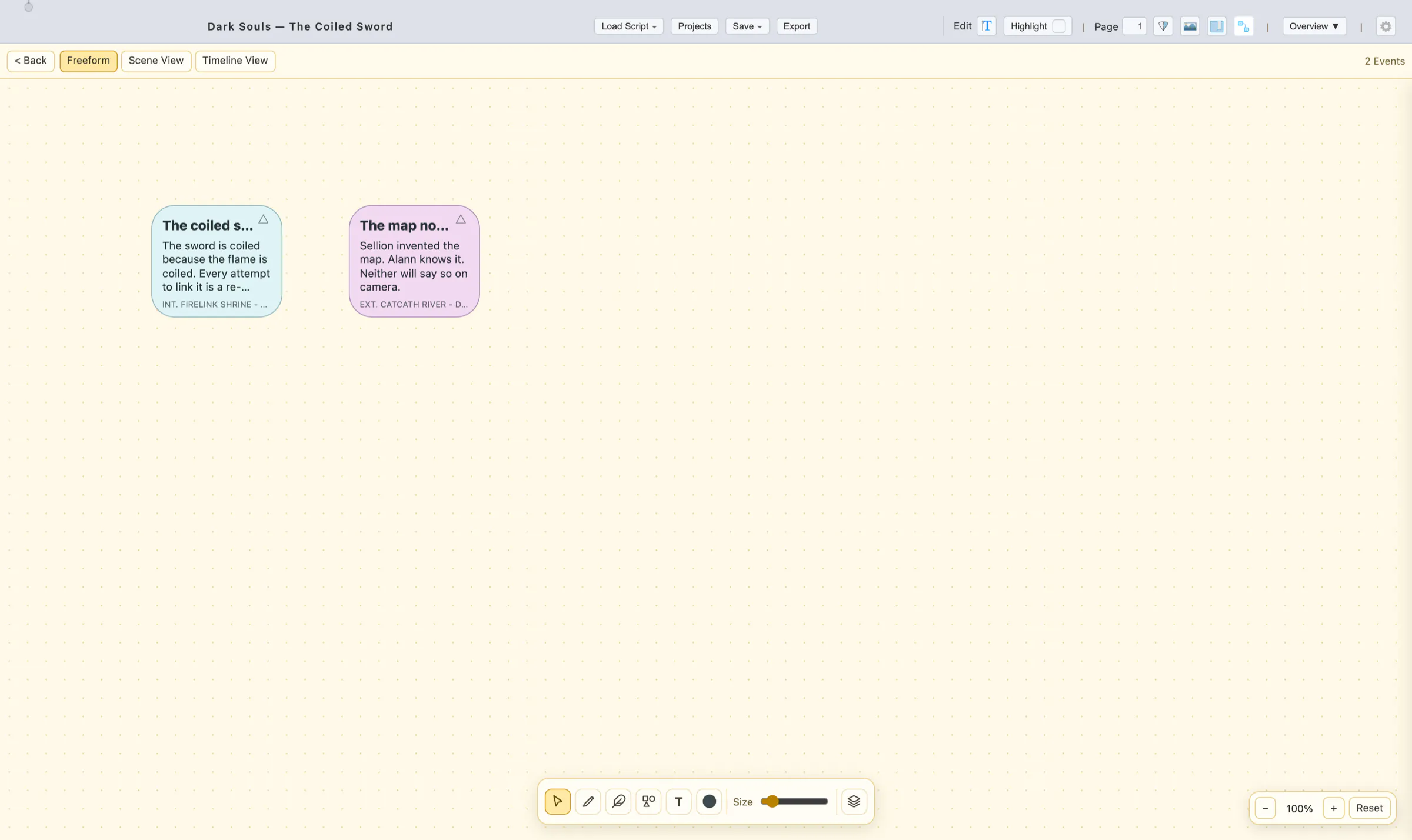 Event Graph freeform view with two coloured cards on a dotted board and a zoom control